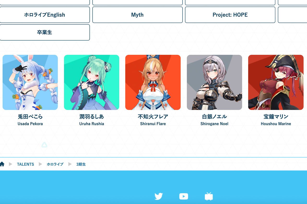 潤羽るしあが所属していたホロライブ3期生のメンバーたち