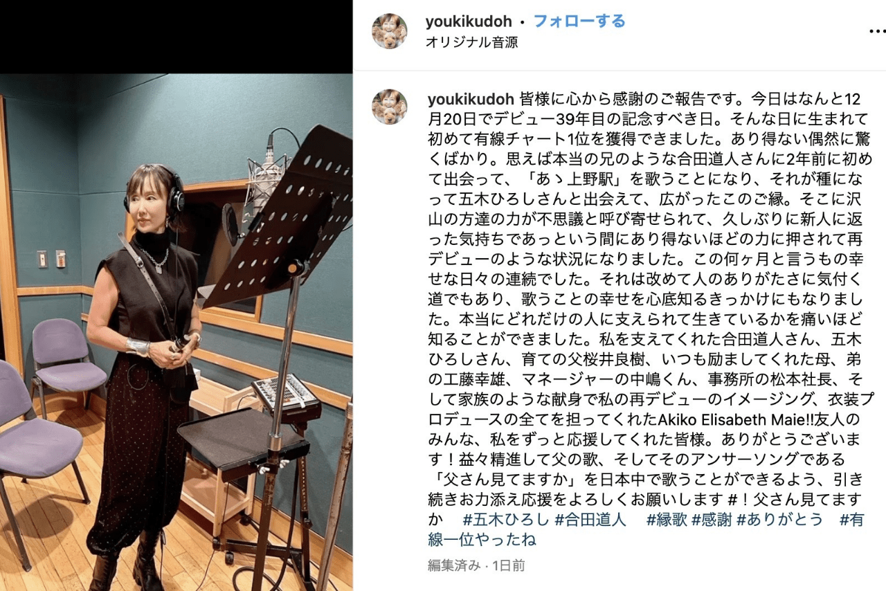デビュー39年目を報告した工藤夕貴