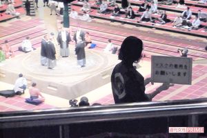 コロナ禍の開催となった、令和2年の大相撲九月場所。館内ではマスク着用の札があちこちに（著者撮影）