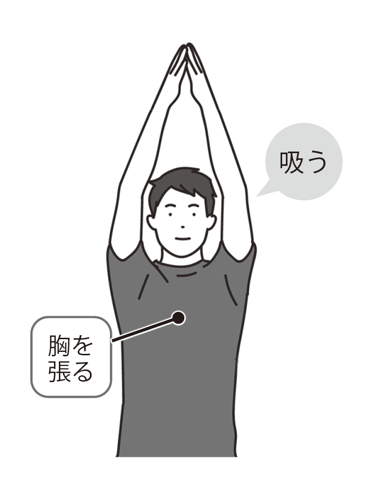 ストレッチ１　両手を合わせ、手を頭の上に伸ばしてから息を吸い込む。
