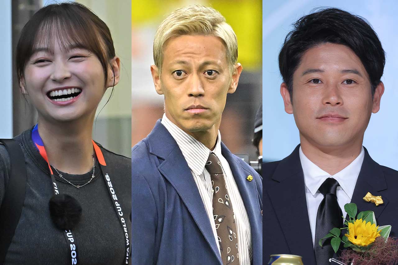 解説や現地レポーターとして日本とともに戦った。左から影山優佳、本田圭佑、内田篤人／雑誌協会より