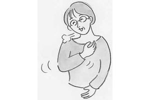 （2）右手のひらを軽くお椀のようにして、左胸の肋骨のあたりをリズミカルに叩く。40回程度　イラスト／長田直美