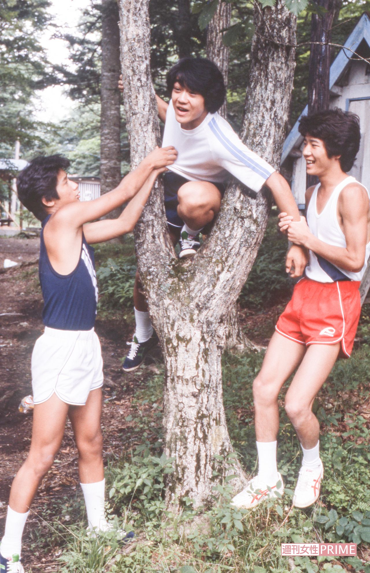 山中湖での合宿。泳いだり、バーベキューしたり……3人ともはしゃぎまくり!　撮影カメラマンは「宿泊施設の周りにファンが集まっちゃってね。すごい声援だったよ」（'80年7月）