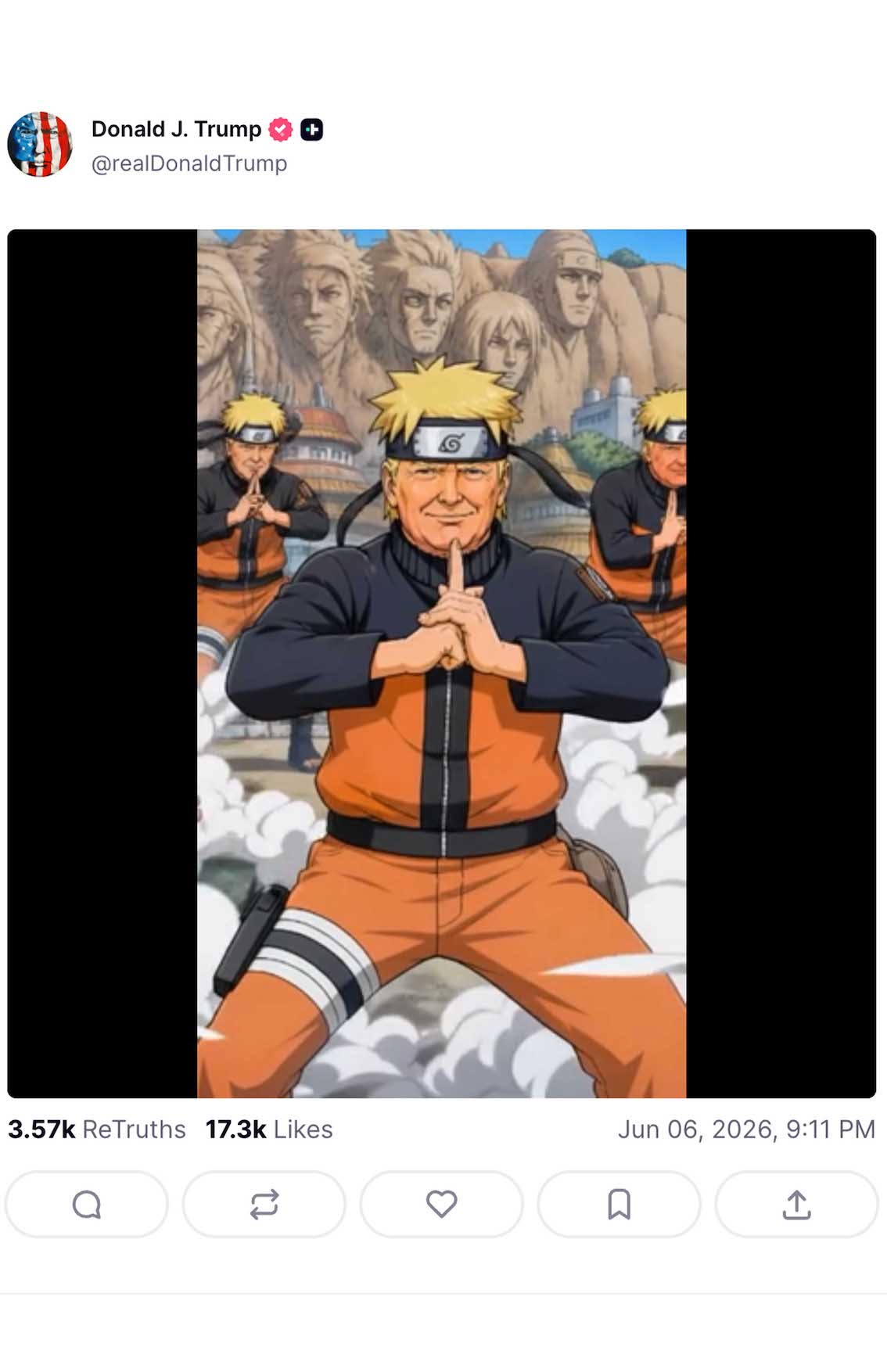 人気漫画『NARUTO―ナルト―』の主人公・うずまきナルトを思わせるオレンジと黒の衣装をまとい、忍術を繰り出すような動画を投稿したトランプ大統領。権利元の許諾を得ていないとみられている（トランプ大統領のSNSより）