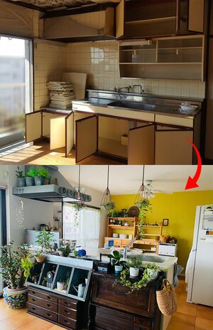 水回りも古く、全体的に暗い雰囲気であった築50年の団地。初めて内覧した時は、あまりの状態にショックを受けた。キッチンの位置も向きも変え、気持ちよく料理ができる空間へ。目の前にお気に入りの空間が広がり、開放的に