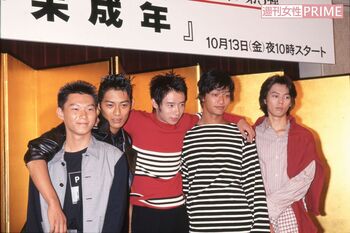 代表作『未成年』の会見。左から北原雅樹、反町隆史、いしだ壱成、香取慎吾、河相我聞