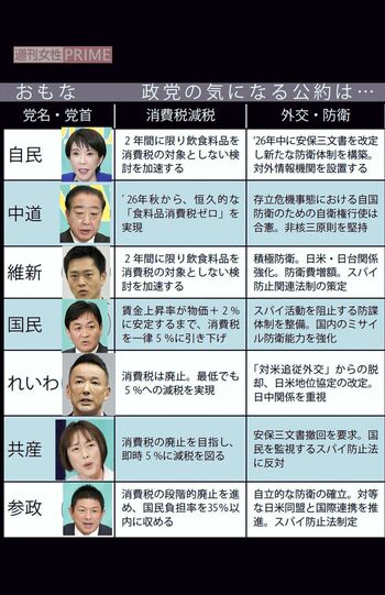 おもな政党の気になる公約　※政党要件の「国会議員5人以上」「直近の国政選挙で得票率2％以上」の両方を満たす政党について取り上げ、各党の公約から編集部で抜粋、要約