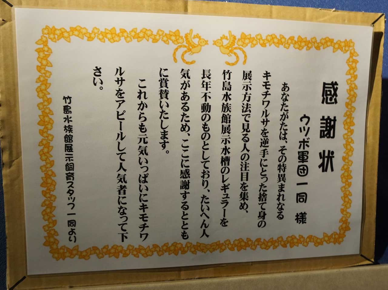 ウツボに送られた感謝状