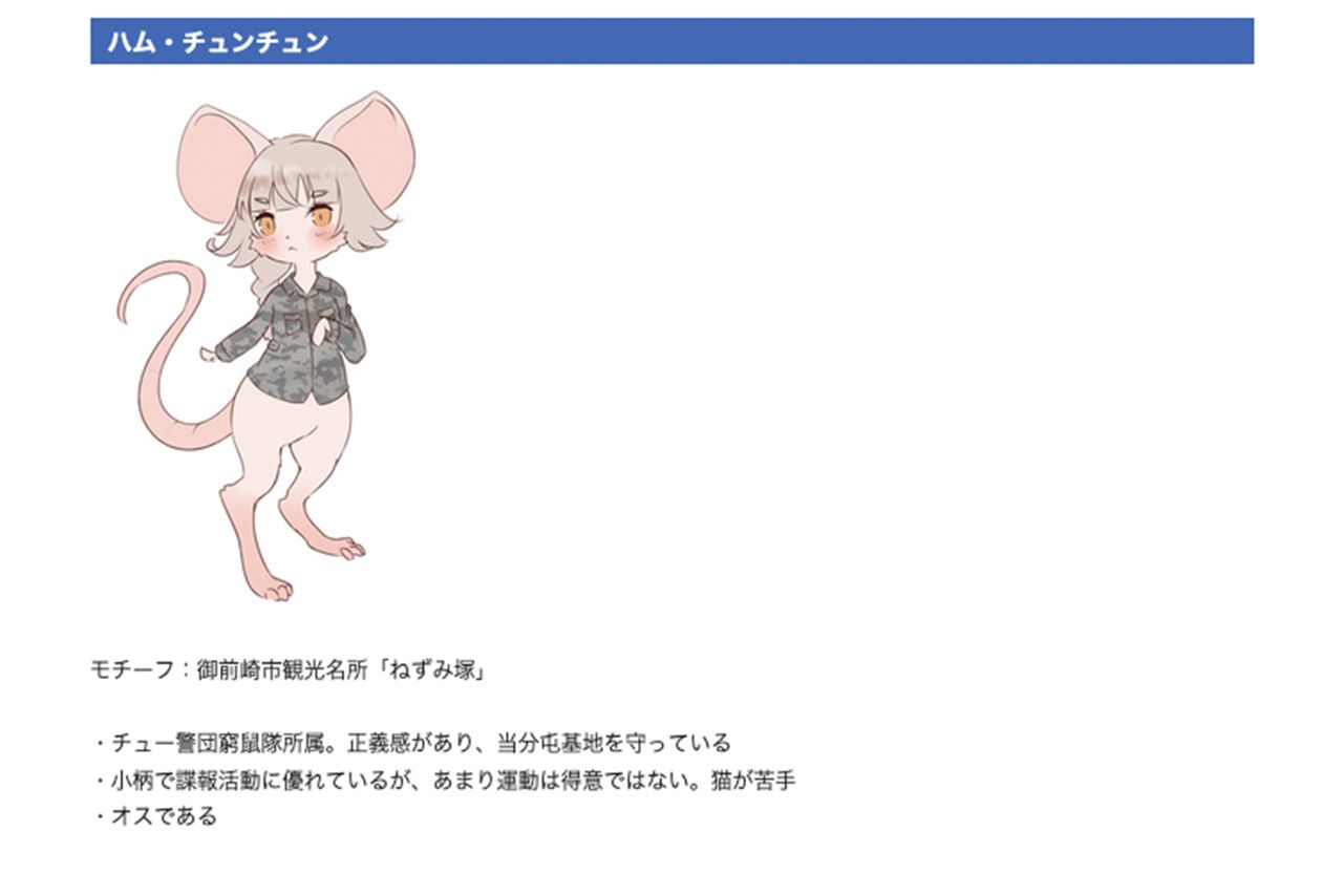 航空自衛隊御前崎分屯基地の公式キャラクター『ハム・チュンチュン』、こちらもオスの設定公式Xより）