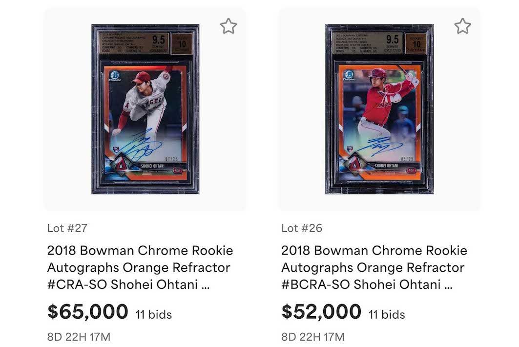 大谷の野球カードには、現在でも日本にして100万円近くで取引される高額なものが（『Goldin』より）