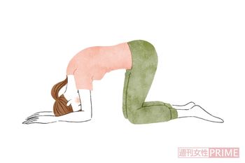 （1）おでこを床につけて両手を顔の横に置いてお尻を持ち上げ、ひざを立てる。このとき、頸椎に負担をかけないように手でコントロールする。　イラスト／中村奈々子