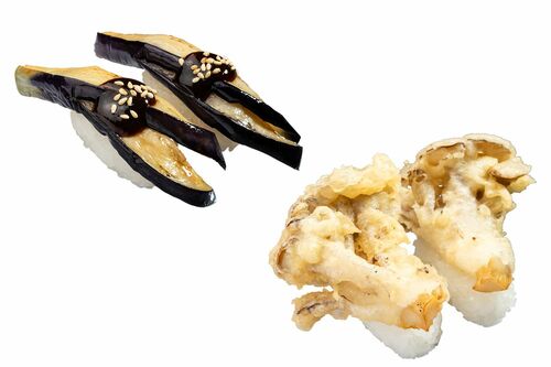 【かっぱ寿司】なす揚げびたし田楽みそ/110円（左）、まいたけ天にぎり/110円（右）