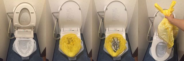 左から①便座を上げてゴミ袋を便器の上からかぶせ、降ろして固定する。②小さめのレジ袋などを広げ、固定ずみのゴミ袋の中に入れる。③固形剤や細かくちぎった古新聞を入れる。多めに入れると安心。④用を足したら小袋を結んで大袋へ。消臭剤があればニオイ消しになる。