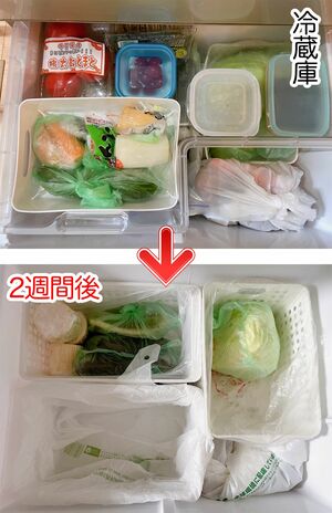 買い物直後は満杯だった冷蔵庫。毎回、２週間で無駄なく使い切るようにしている