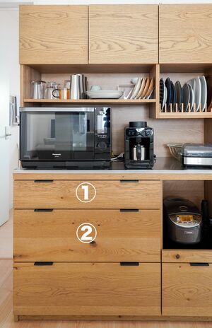 キッチンに置いているカップボード。引き出し内を仕切りまくって、使いやすく整理。写真／フジモリタイシ、ヒラヤマタイジロー（『スキマをうめる収納ルール』より）