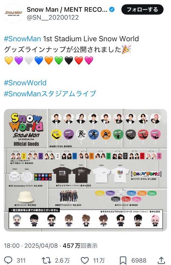 『Snow Man 1st Stadium Live Snow World』のグッズ。新システムの導入で“グッズは諦めなければ……”とショックを受けているファンも（公式Xより）