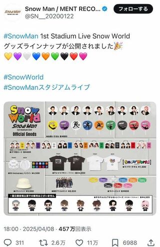 『Snow Man 1st Stadium Live Snow World』のグッズ。新システムの導入で“グッズは諦めなければ……”とショックを受けているファンも（公式Xより）