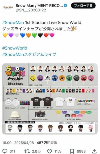 『SnowMan1stStadiumLiveSnowWorld』のグッズ。新システムの導入で“グッズは諦めなければ……”とショックを受けているファンも（公式Xより）