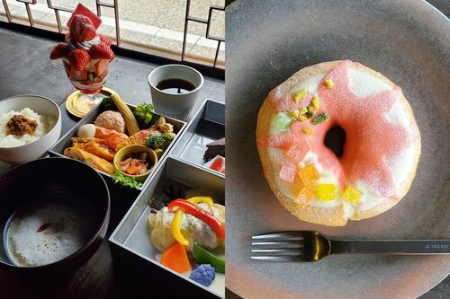 ことだまランチ1600円（左）といちじくジャムと求肥入りのくるんドーナッツもみじ320円