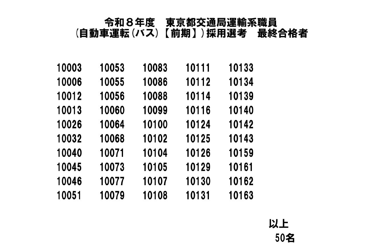 都営バスの令和8年度の運転士の合格者は50名のみだった（公式サイトより）