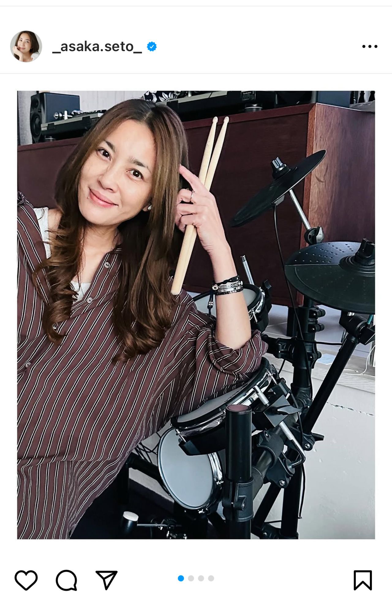 長男がドラムを始めたと報告する、井ノ原快彦の妻・瀬戸朝香（公式インスタグラムより）