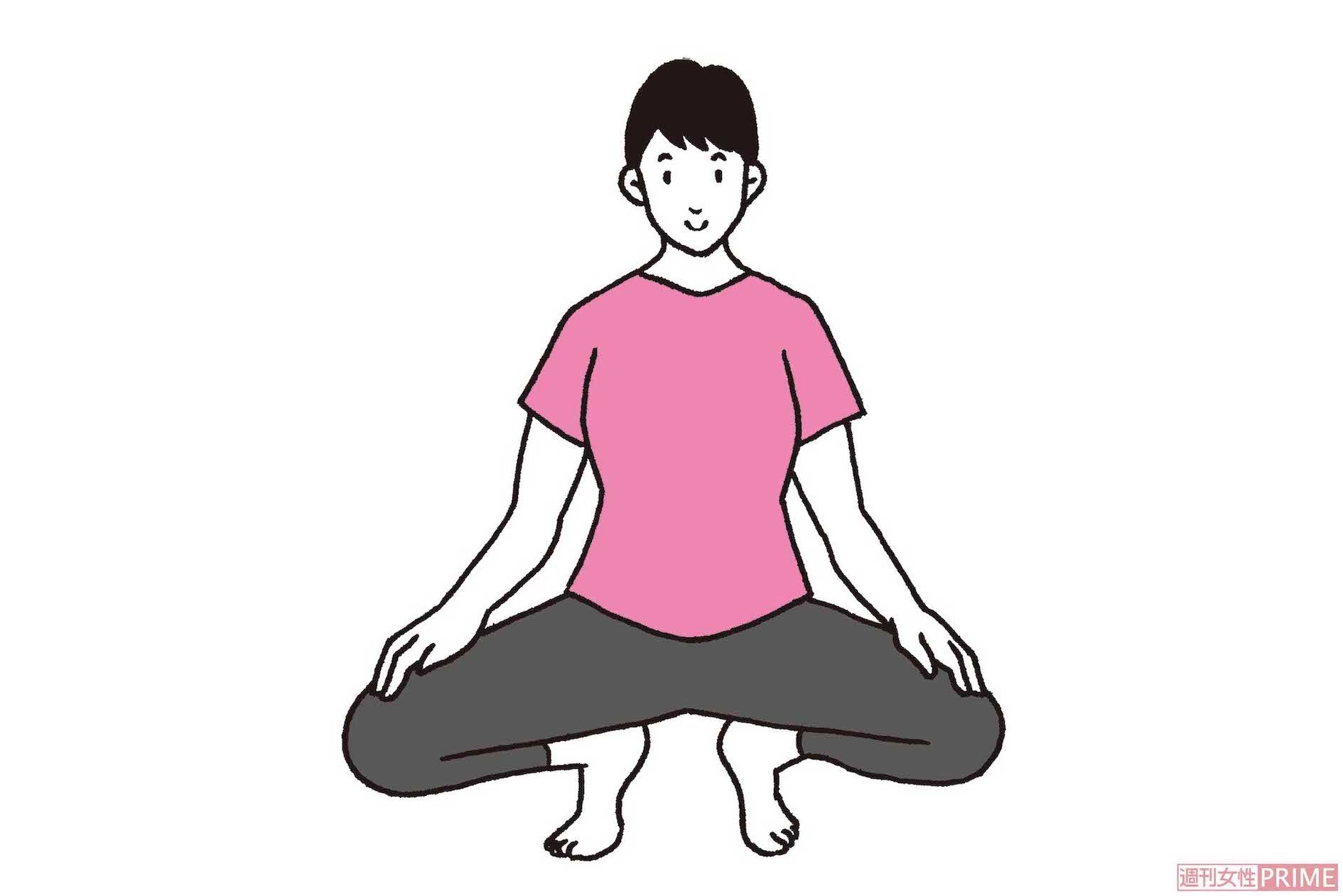 両足のかかとをつけて爪先を90度くらいに開き、背すじを伸ばしたまま真っすぐ腰を下ろす。両ひざが自然に開き、かかとは浮いた状態に。そのまま20秒キープ。途中でしびれたり、５秒も続かないなら足首がゆるんでいる可能性大!