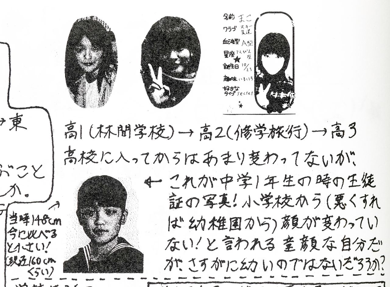 学習院時代の愛称は「マコシー」。写真は女子中・高等科の卒業アルバムでの眞子さまの自己紹介ページ。クラブは「スキー」「茶道」。血液型は「A型」で、好きなタイプは「secret」（秘密）だそう