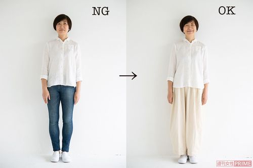 （左）細身のパンツはむっちりしたふくらはぎが目立つので×　　　　　　　　　　　（右）タック入りワイドパンツならふくらはぎが目立たず、タックがおなかを自然にカバー