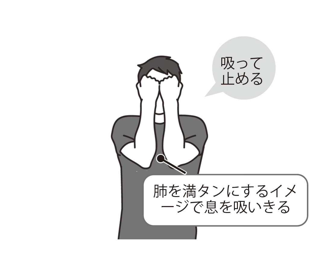 ストレッチ3 腕を顔の前に持ってきて最大限まで息を吸い込んだら息を止める。