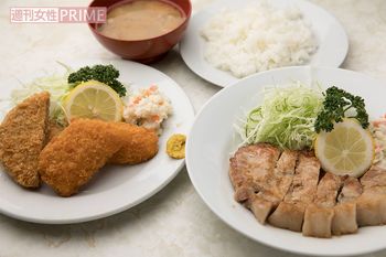こちらが五郎’Ｓセレクション、ブタ肉塩焼ライスとミックスフライ（イカ、メンチ）
