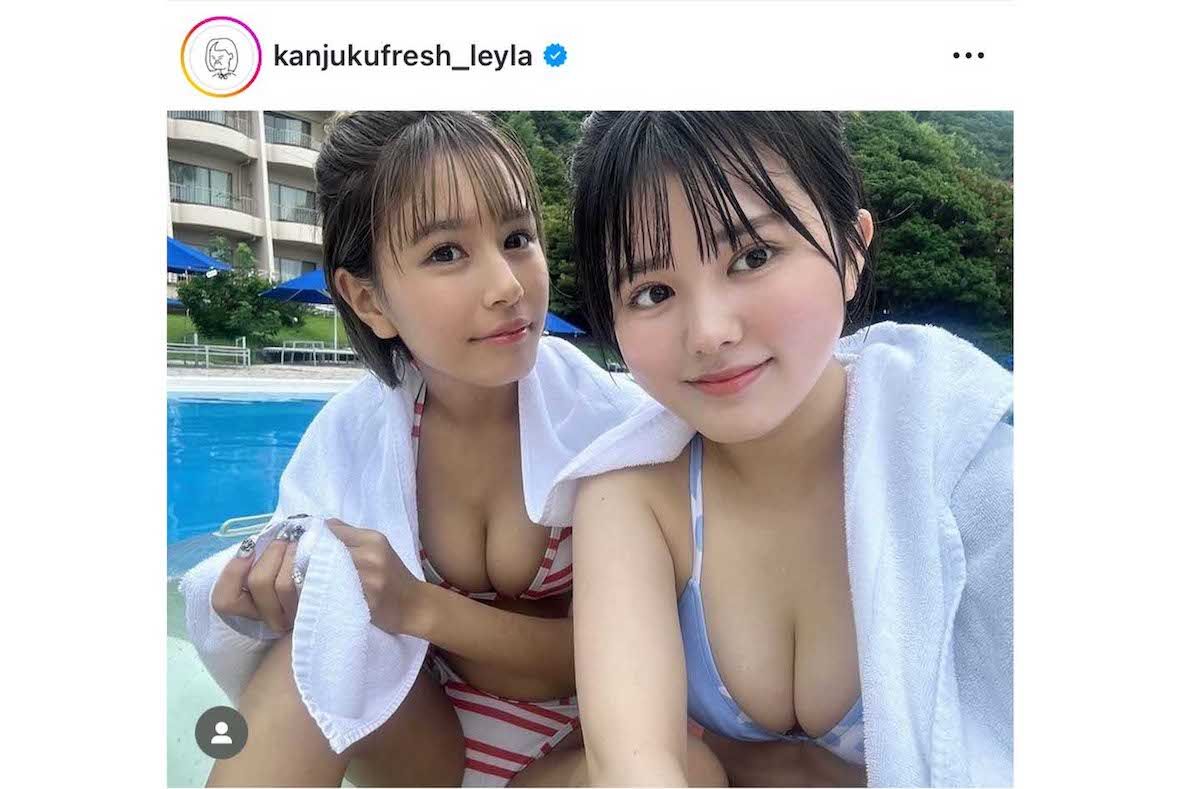 インフルエンサーの夏芽すずとの水着姿を投稿した池田レイラ（本人のインスタグラムより）