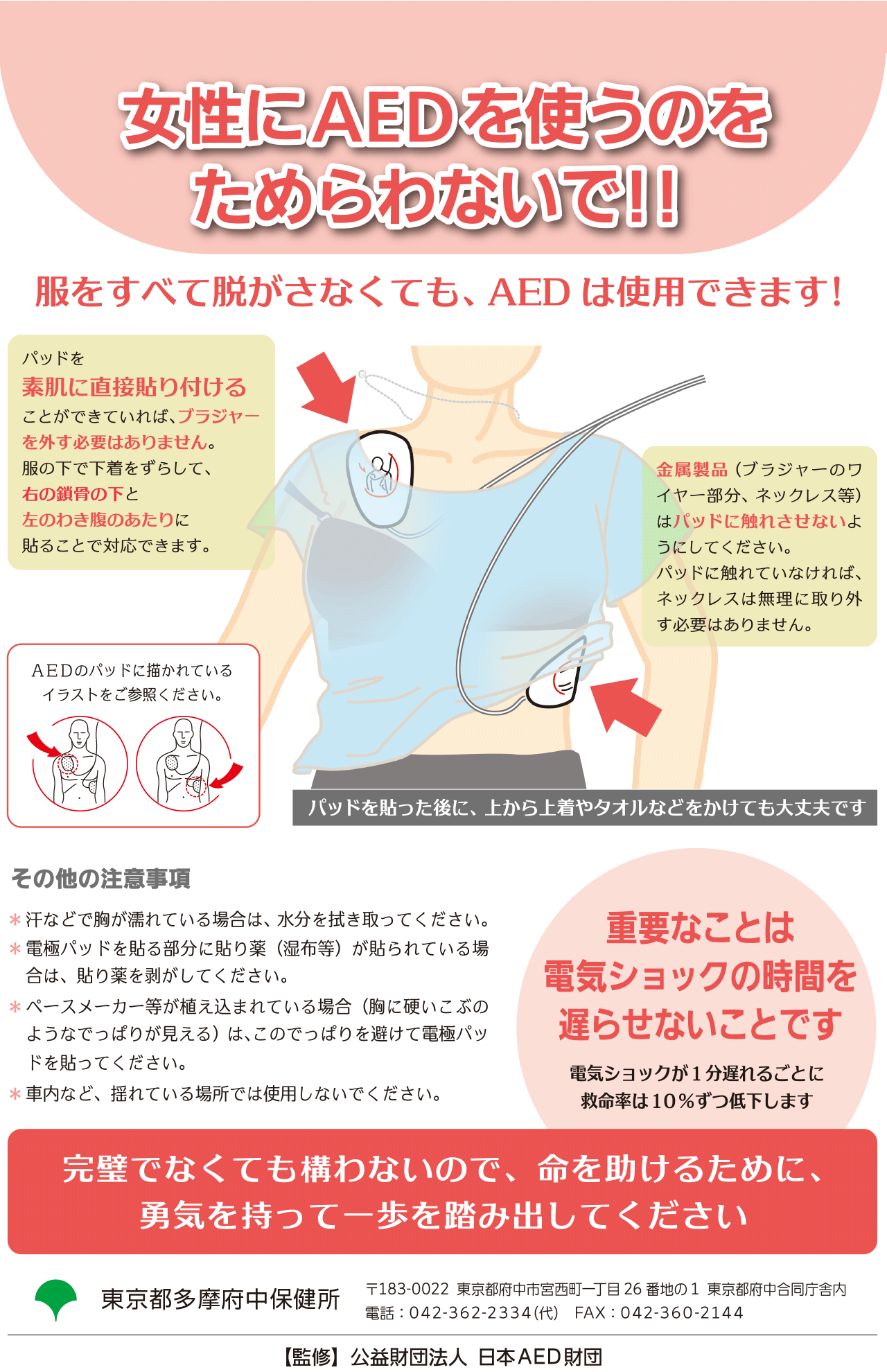 女性にAEDを使うのをためらわないで！（公益財団法人 日本AED財団）
