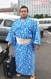 横野さん提案の、お台場巡業の浴衣を着る千代の国