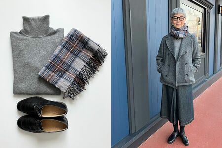 冬によく着回すのが肌触りのいいカシミヤのタートル。チェックの巻物はどんなコーデとも合う色合いのものをチョイス