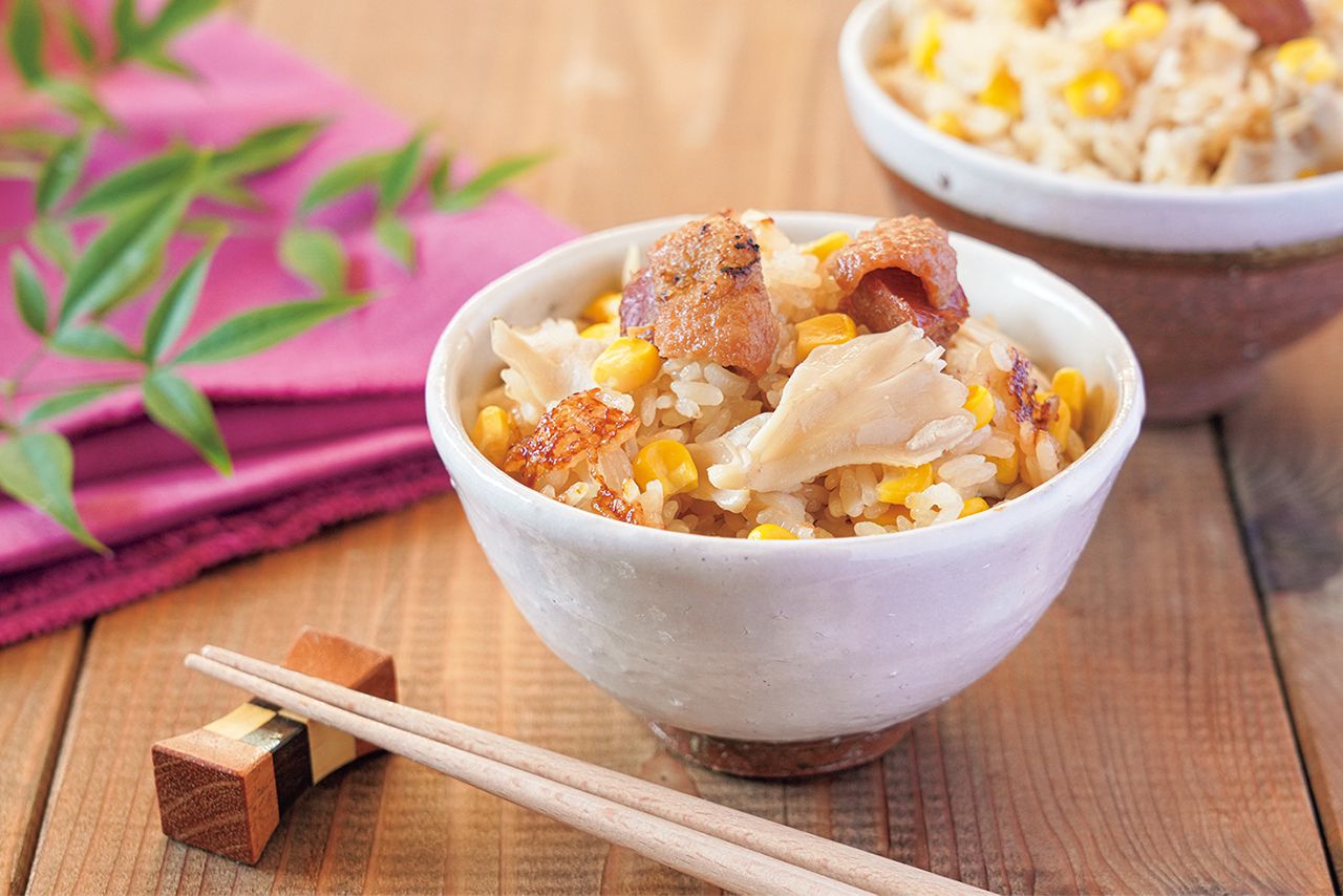 焼き鳥×コーンで炊き込みご飯