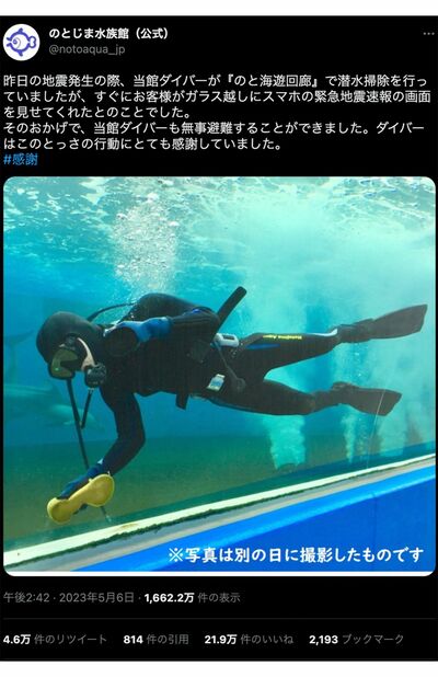 反響のあったツイート、コメントには温かいメッセージが『のとじま臨海公園水族館（のとじま水族館）』公式ツイッターより
