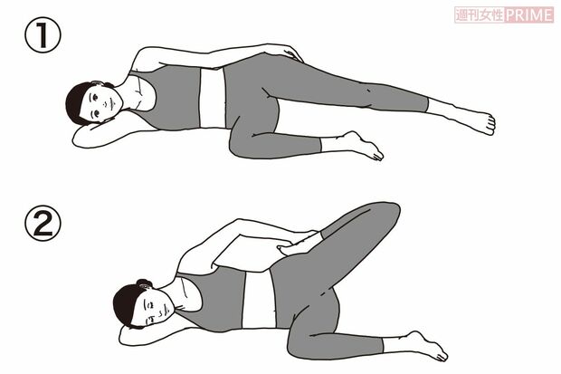 前ももを伸ばし骨盤のゆがみを改善「横向きストレッチ」（イラスト／二階堂ちはる）