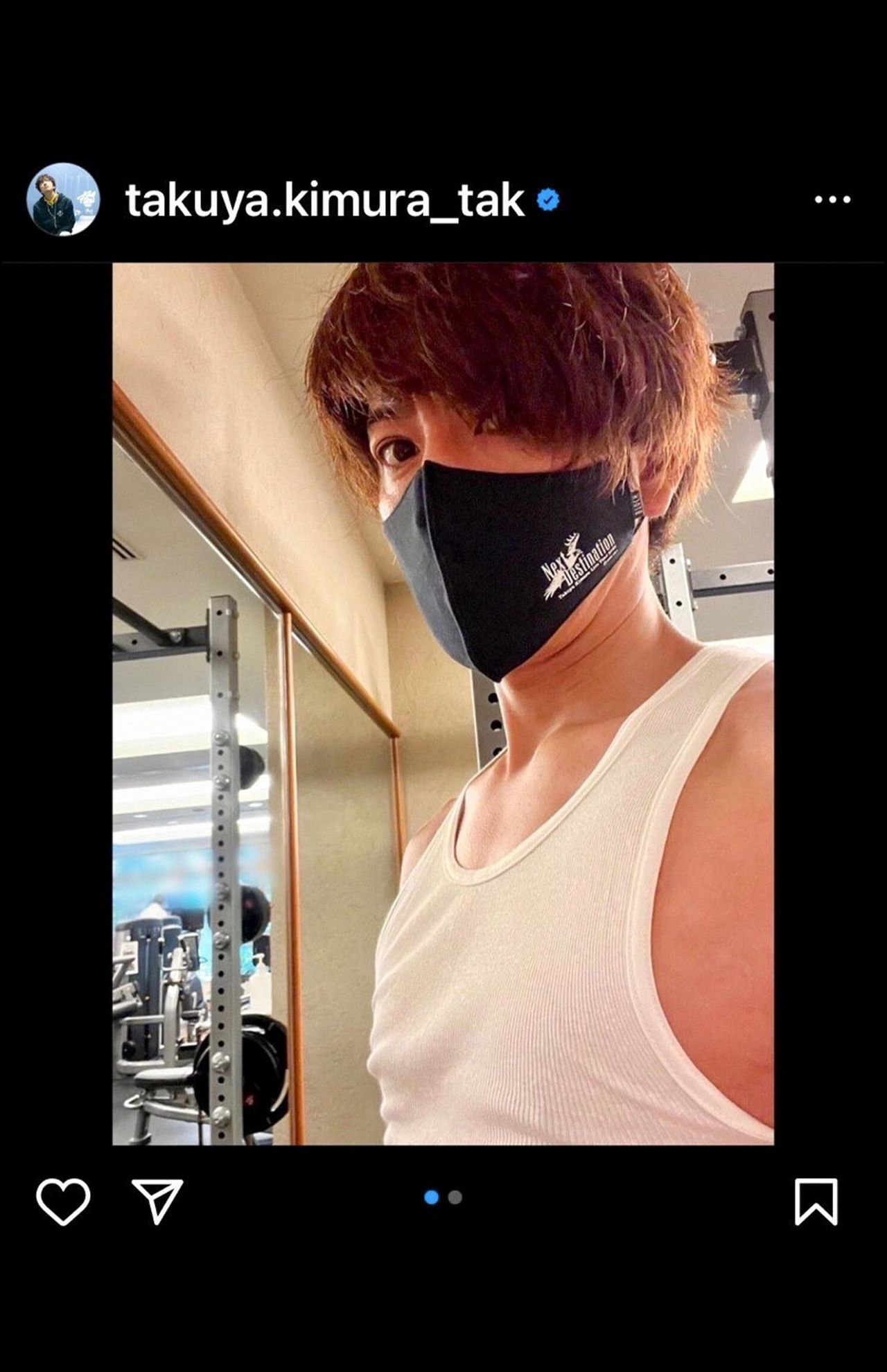 この美貌でこの肉体、それを引き立てる白タンク。ちなみにこのタンクは頻出。オキニなのか（木村拓哉公式インスタグラムより）