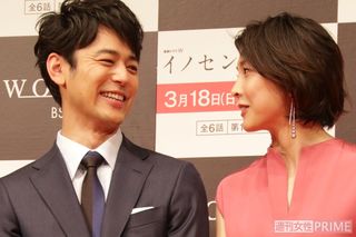 WOWOW連続ドラマW『イノセント・デイズ』完成披露試写会＆舞台挨拶での竹内結子さんと妻夫木聡（'18年3月)