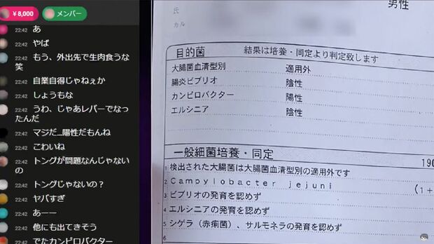 食中毒になった証拠をアップするコレコレ氏。カンピロバクター陽性とある（YouTube『コレコレチャンネル』より）