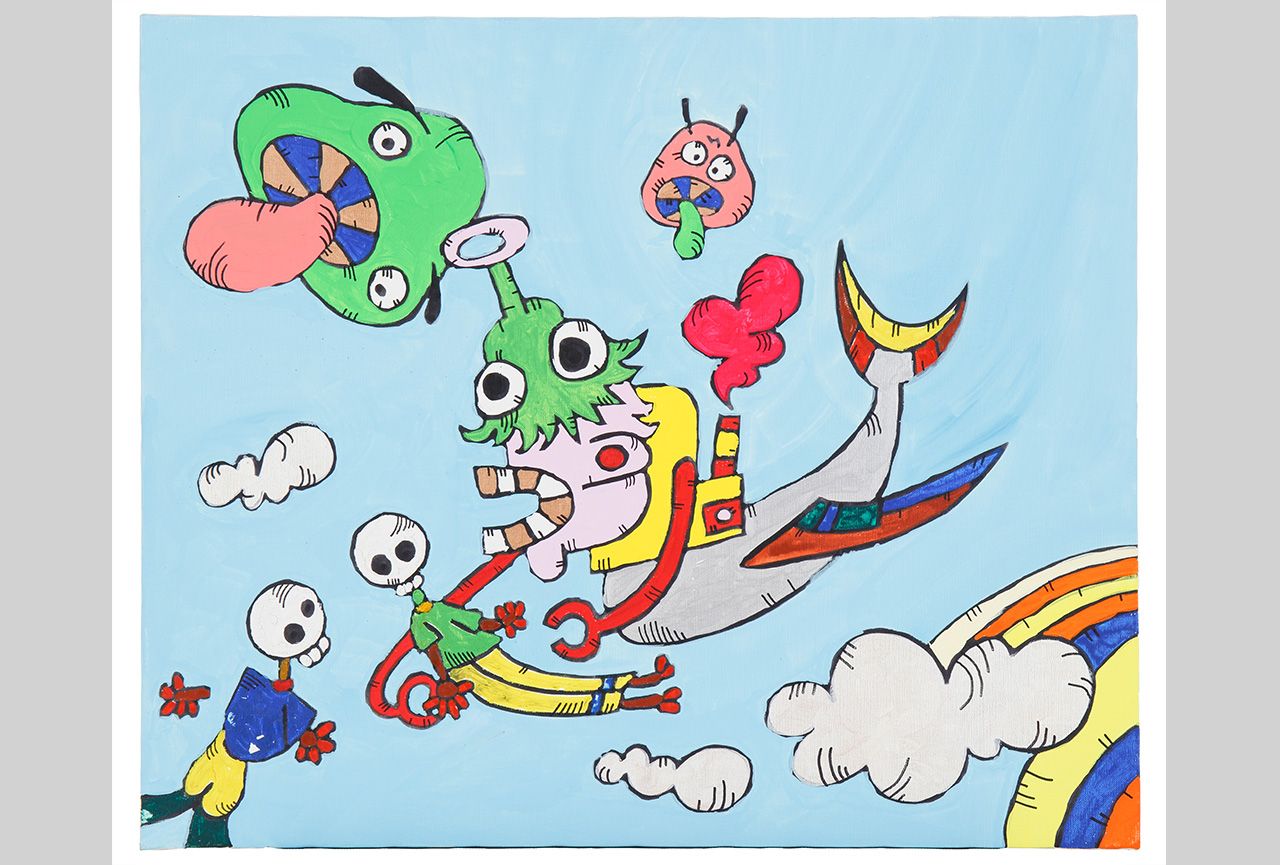 『イソゲマダマニアウ』 「こう描こうと思って絵を描くことはないんですけど。こんなアニメがあったら面白いなと描き始めました。スッカラカンになった骨のカップルが“自分たちはどうしたらんいいだろう”となっているところを真ん中の飛行機か船のような彼が、“まだ大丈夫”だよと支えているような絵です」（同）