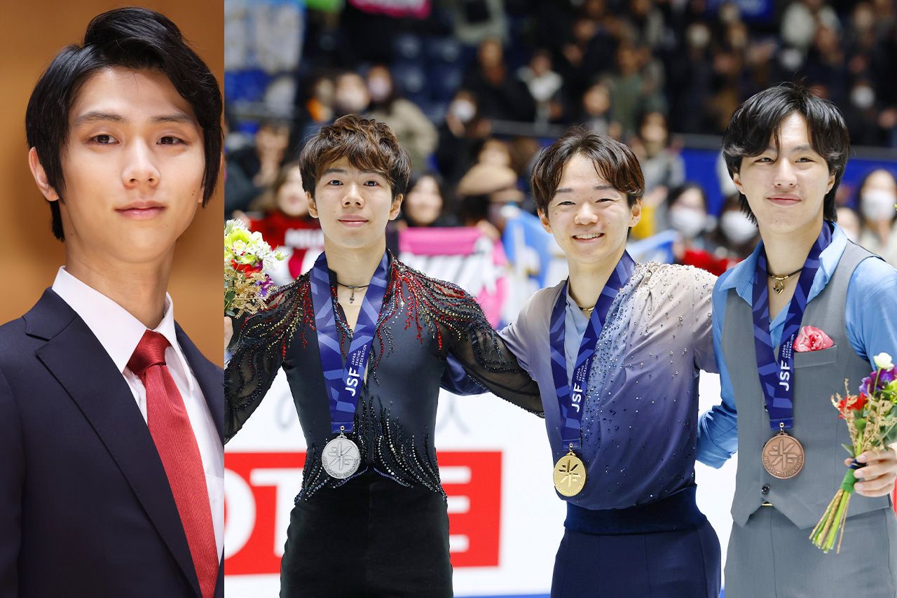 羽生結弦、左から佐藤駿、鍵山優真、三浦佳生（写真：共同通信社）