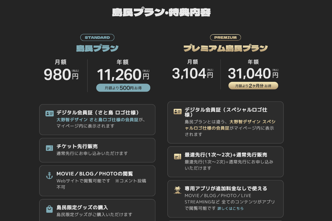 大野智公式サロンの島民プラン・特典内容（公式サイトより）