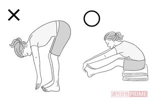 転倒、骨折の危険も！ 
立ったまま行う前屈は、不安定で転倒事故につながるおそれあり。少し高い段差に座り、身体の力を抜いて伸ばすのがコツ
