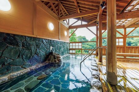 お風呂は岩風呂と石風呂の2種類。リニューアルしたばかりの館内には、清々しい空気が漂う