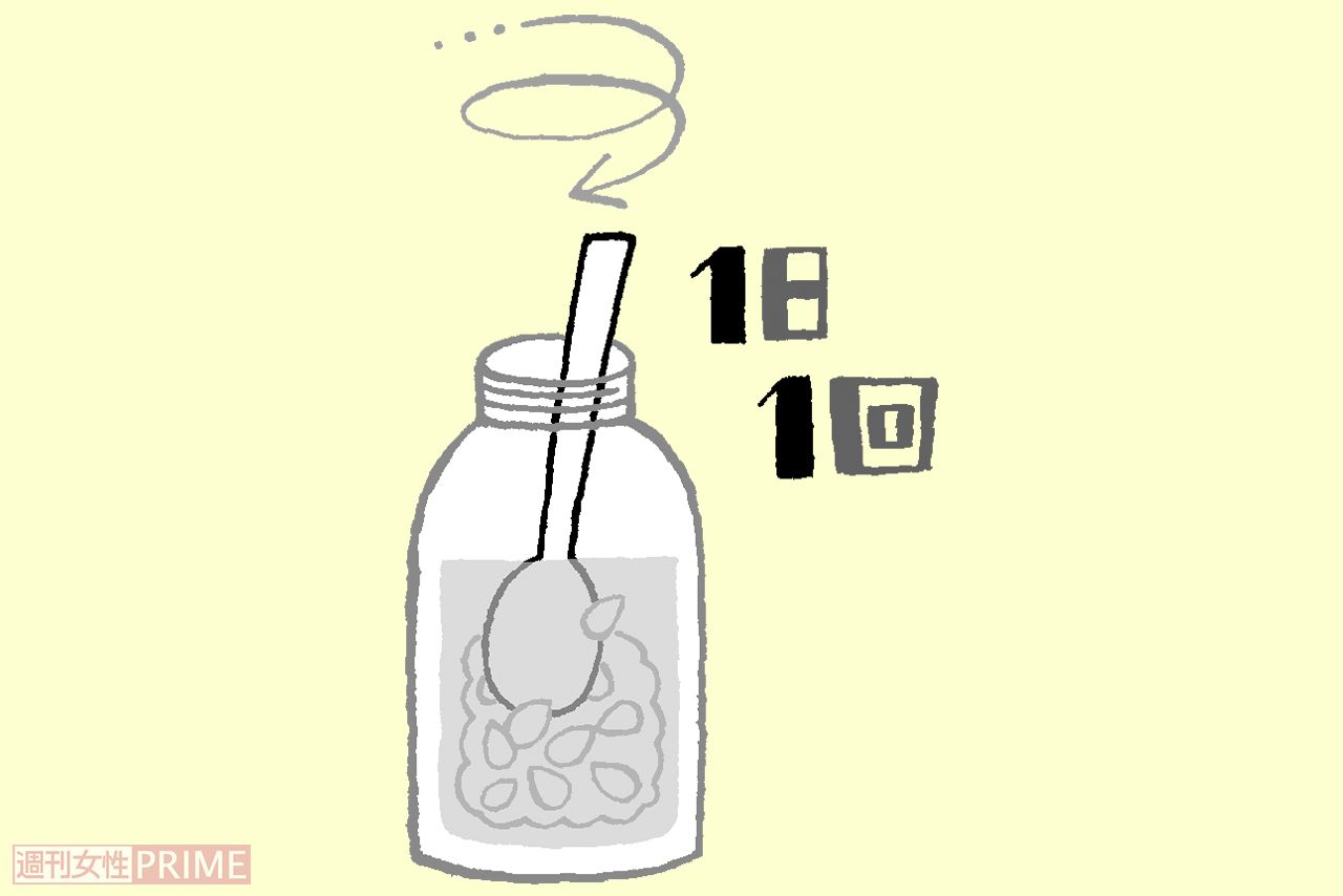 【自家製ゆず化粧水の作り方】（2）冷蔵庫に入れて1日1回かき混ぜる　イラスト／ふるやますみ