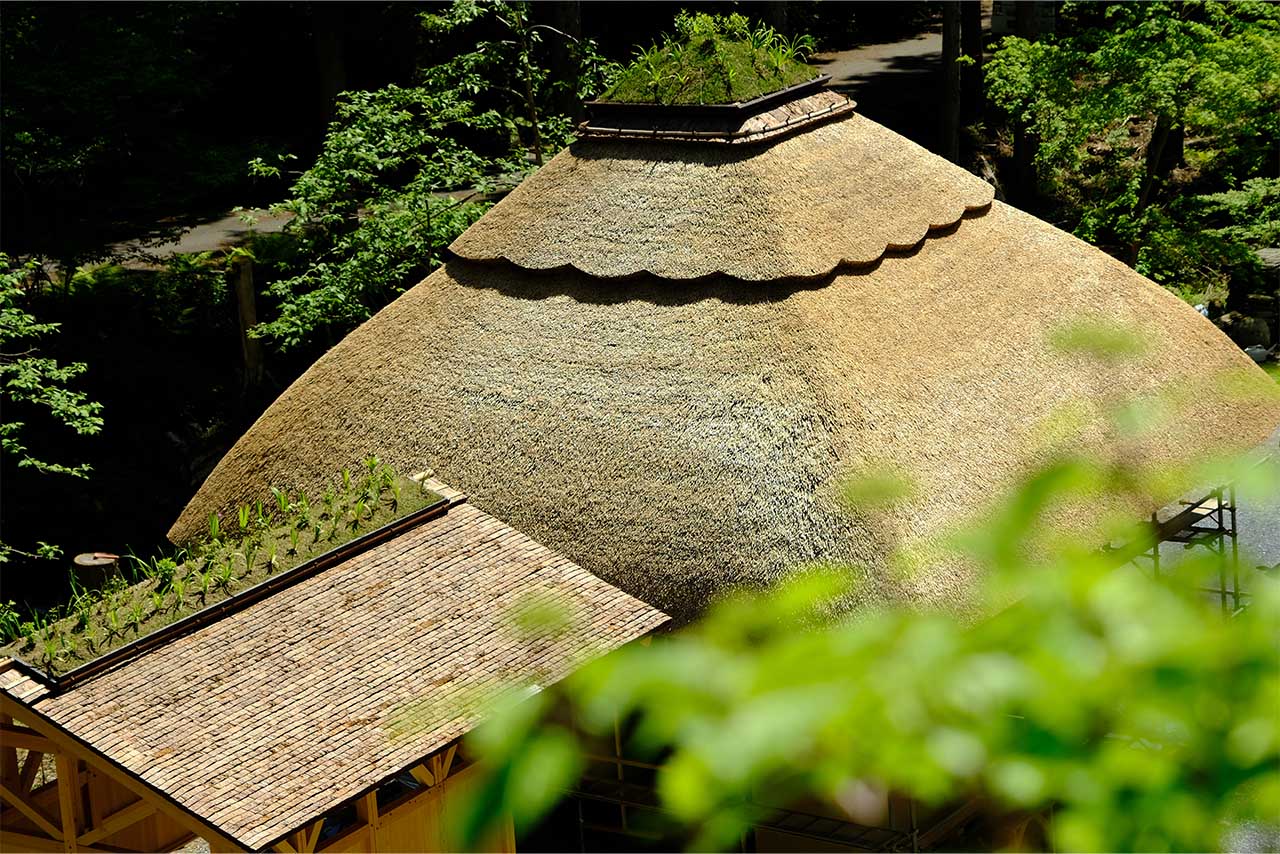 拝殿の屋根は茅葺きでフリルの形に（堀口さん提供）
