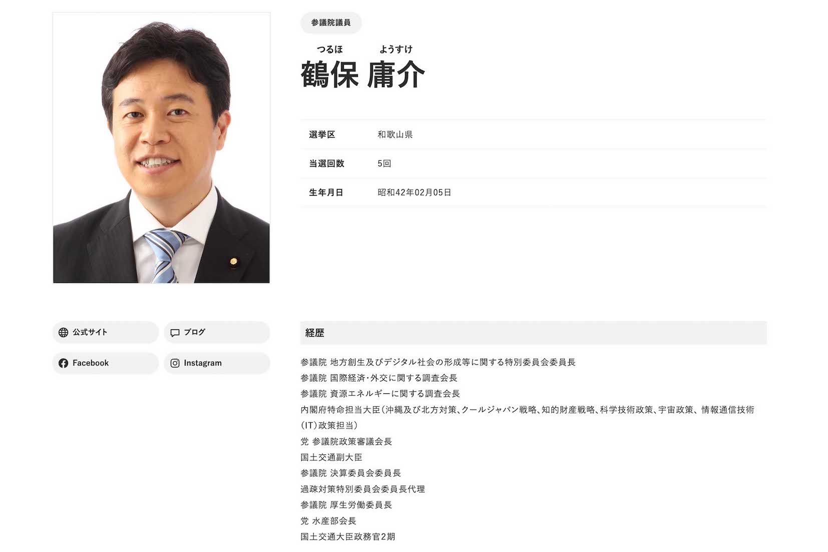鶴保庸介議員のプロフィール（自民党の公式サイトより）