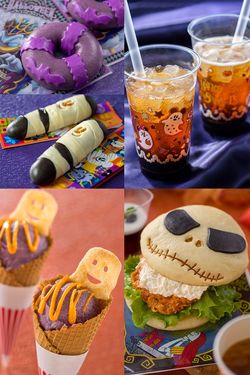（写真右上から時計回りに）スパークリングブラックティータピオカドリンク（東京ディズニーシー）、スウィートハート・カフェのスペシャルセット、牛カルビコーン（共に東京ディズニーランド）、スペシャルまん、スペシャルうきわまん（共に東京ディズニーシー）（c）Disney