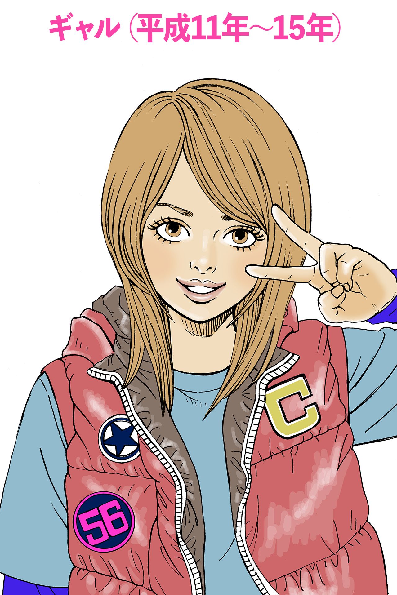 メイク＝ガングロ、囲みアイライン　ヘア＝ブリーチ、メッシュ、エクステ　好きな場所＝日サロ　好きな人＝あゆ、センターGUY　好きなブランド＝ココルル（イラスト／久井めぐみ）